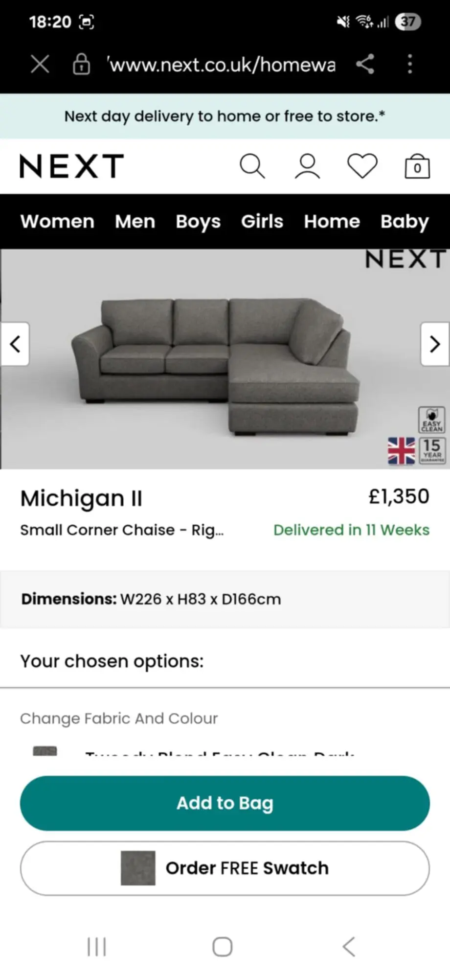 Only 8 months old NEXT corner sofa