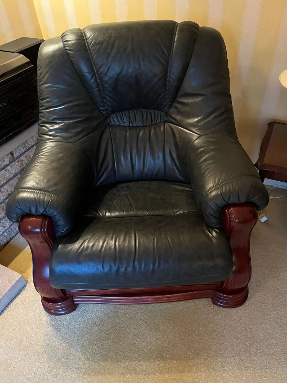 Grey Leather Sofa & Two Chairs