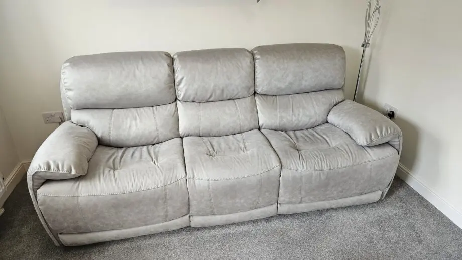3 Seater Blush Grey Fabric Power Recliner Sofa with Power Headrests - Furniture Village