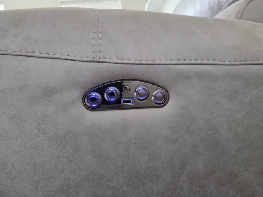 3 Seater Blush Grey Fabric Power Recliner Sofa with Power Headrests - Furniture Village