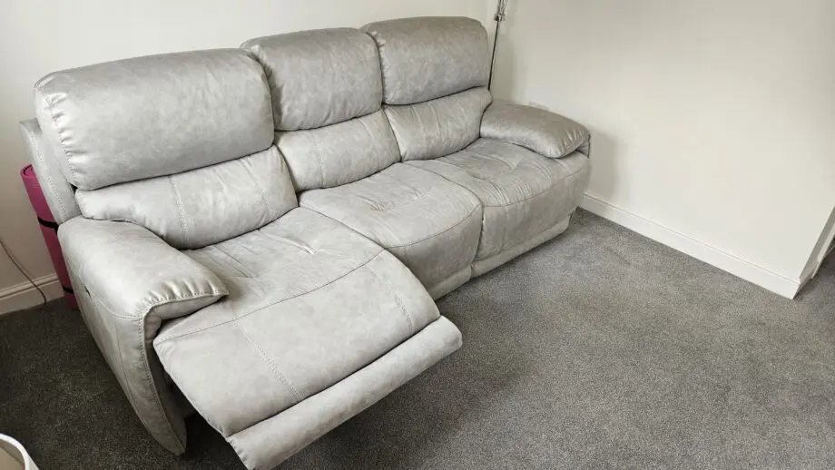 3 Seater Blush Grey Fabric Power Recliner Sofa with Power Headrests - Furniture Village