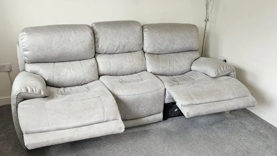 3 Seater Blush Grey Fabric Power Recliner Sofa with Power Headrests - Furniture Village