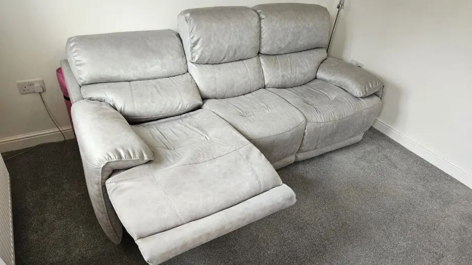 3 Seater Blush Grey Fabric Power Recliner Sofa with Power Headrests - Furniture Village