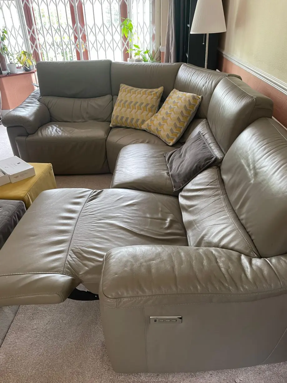 Leather Grey Right-Hand Facing Sofa, with Powered Recline, Lumbar and Headrest + Free Extras