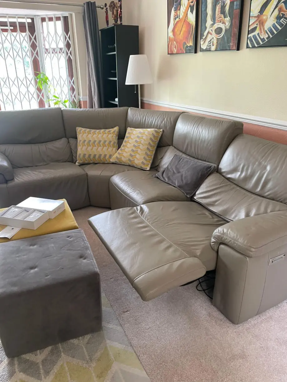 Leather Grey Right-Hand Facing Sofa, with Powered Recline, Lumbar and Headrest + Free Extras