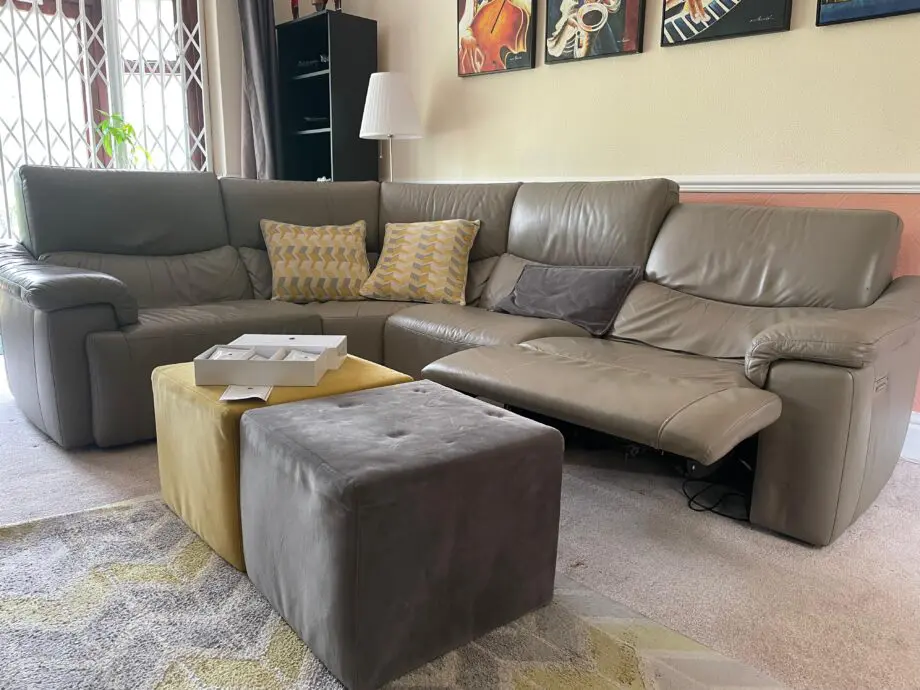 Leather Grey Right-Hand Facing Sofa, with Powered Recline, Lumbar and Headrest + Free Extras