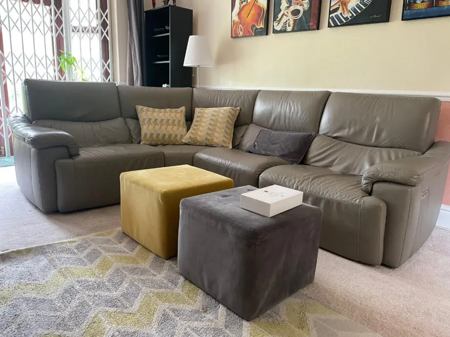 Leather Grey Right-Hand Facing Sofa, with Powered Recline, Lumbar and Headrest + Free Extras