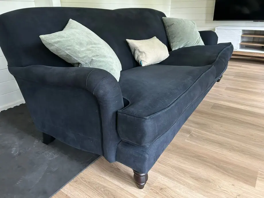 Sofa.com Snowdrop three seater sofa in midnight blue brushed linen cotton with mahogany wooden legs