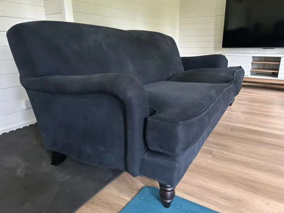 Sofa.com Snowdrop three seater sofa in midnight blue brushed linen cotton with mahogany wooden legs