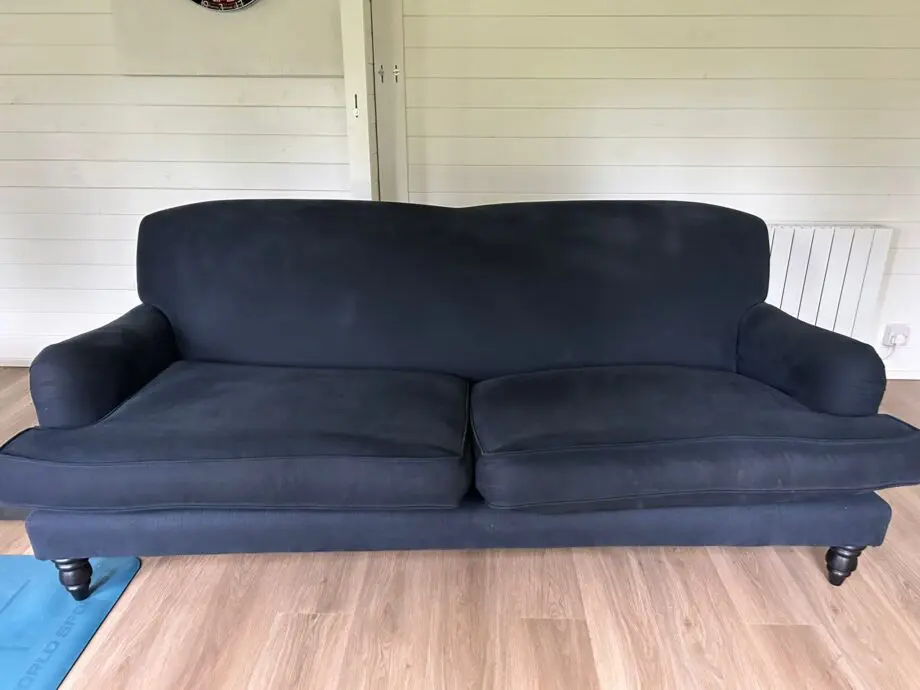 Sofa.com Snowdrop three seater sofa in midnight blue brushed linen cotton with mahogany wooden legs