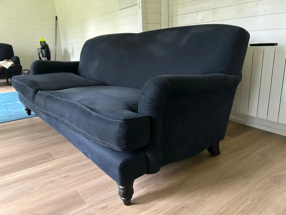 Sofa.com Snowdrop three seater sofa in midnight blue brushed linen cotton with mahogany wooden legs