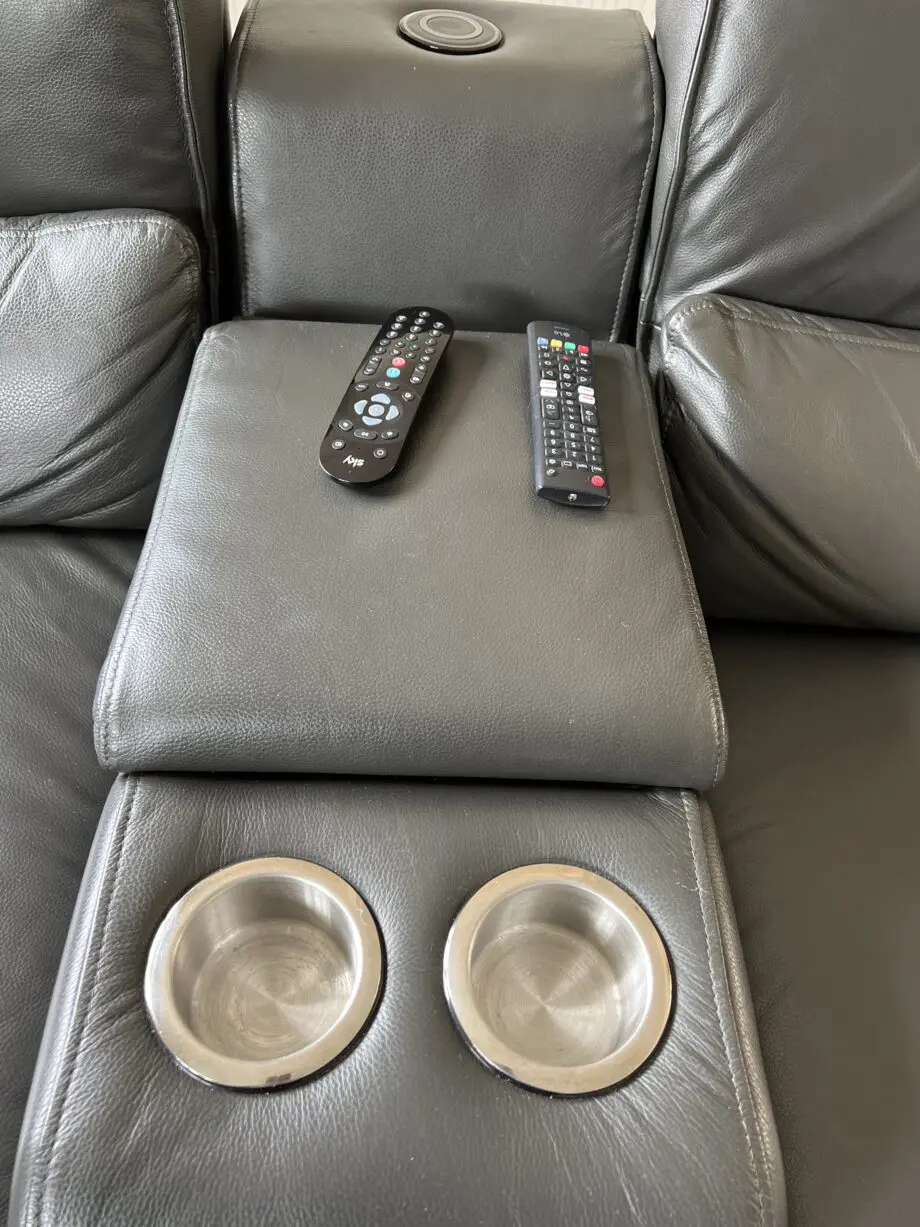 Sofology black leather sofa with 2 recliners and 2x cup holders
