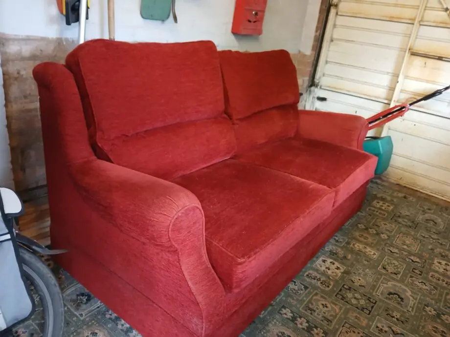 Comfy Red Two Seater Couch with Pouffe