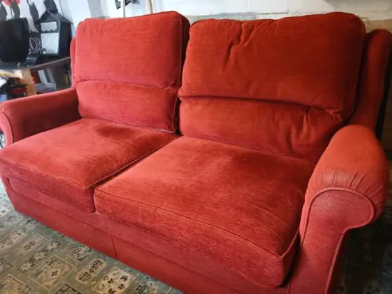 Comfy Red Two Seater Couch with Pouffe