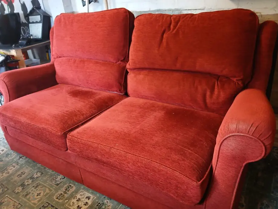 Comfy Red Two Seater Couch with Pouffe