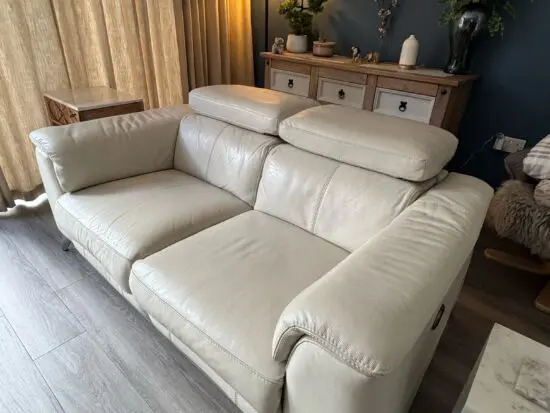 DFS 2 x TAHITI LEATHER SOFAS ONE POWER RECLINER IN FOSSIL
