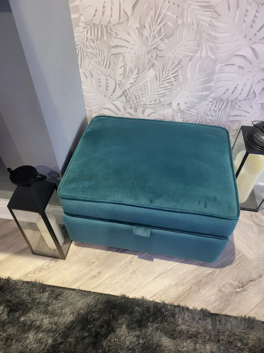 SCS Teal 3 seater sofa with cuddle chair and footstool with storage