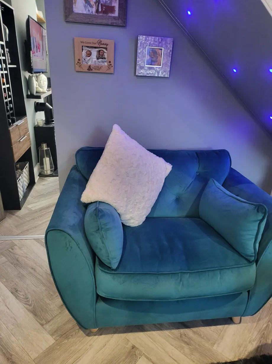 SCS Teal 3 seater sofa with cuddle chair and footstool with storage