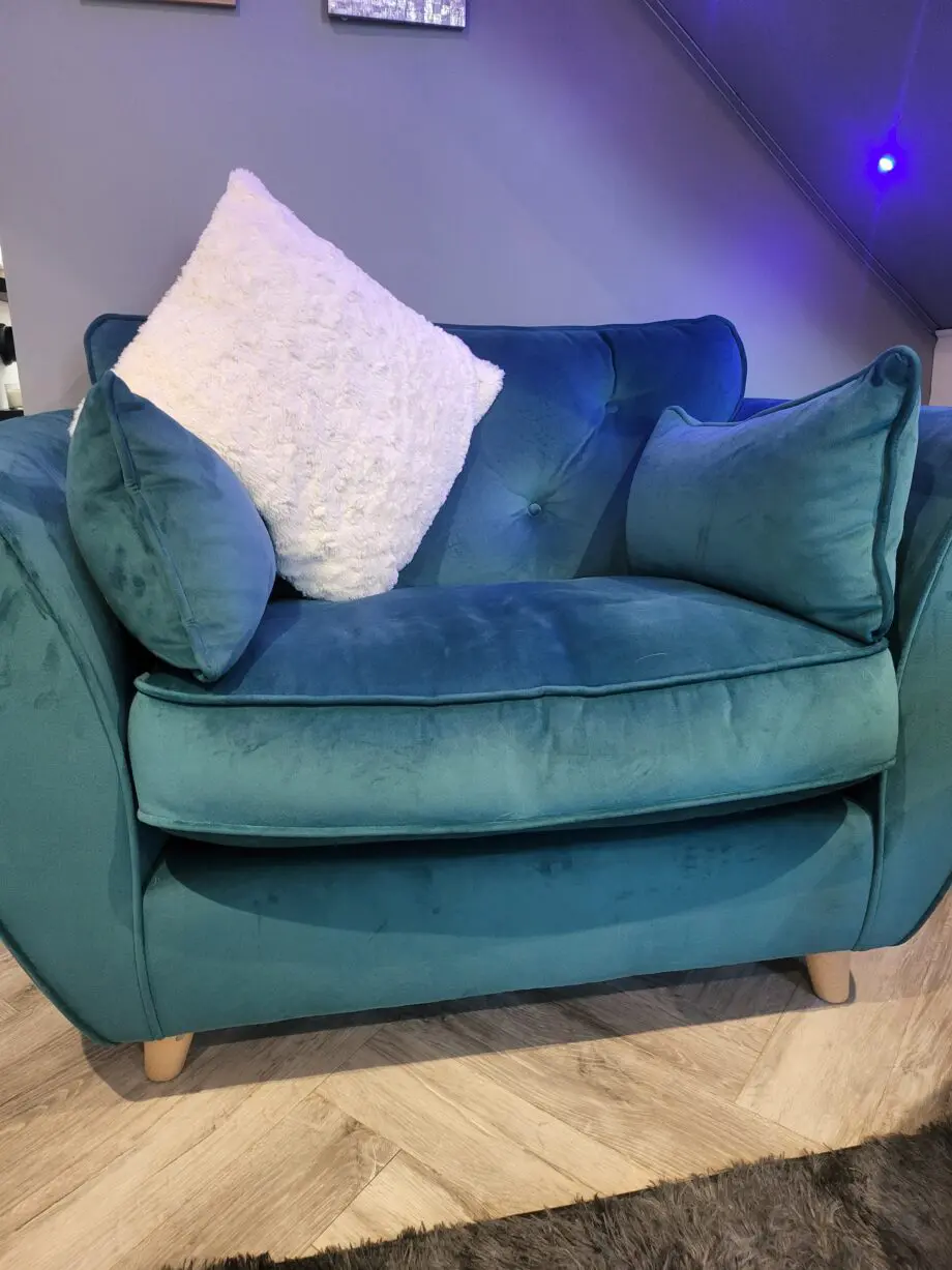 SCS Teal 3 seater sofa with cuddle chair and footstool with storage