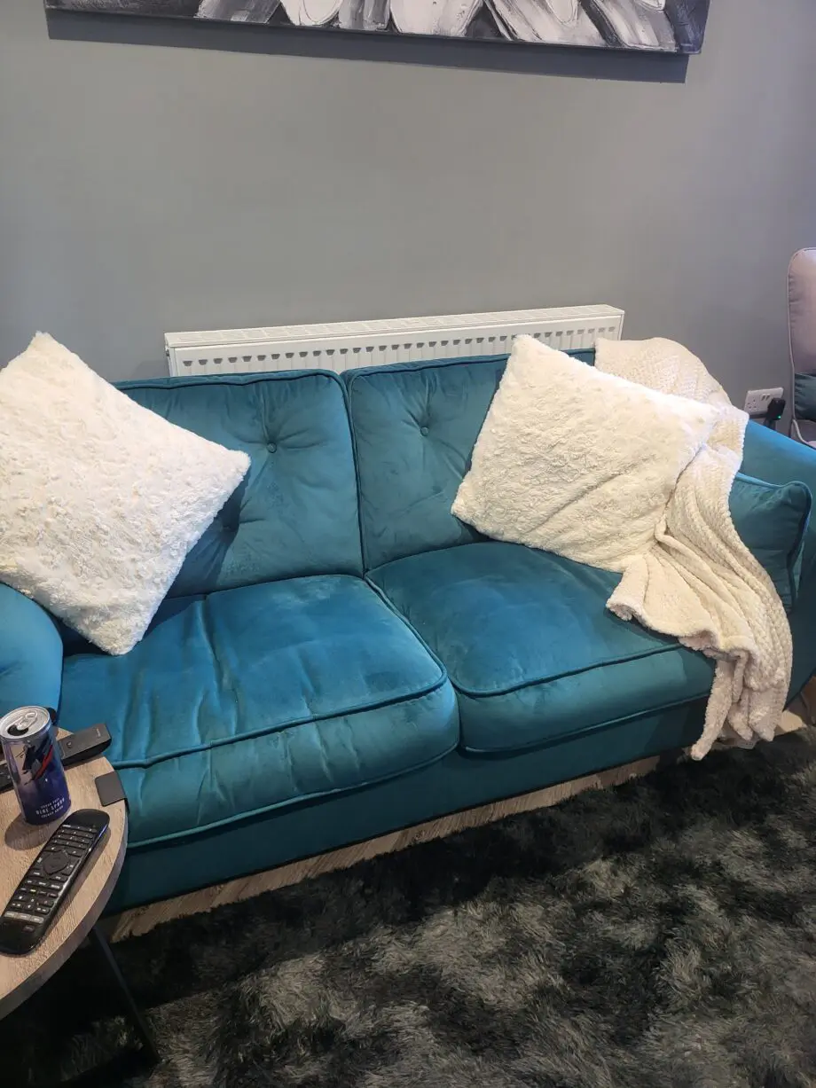 SCS Teal 3 seater sofa with cuddle chair and footstool with storage