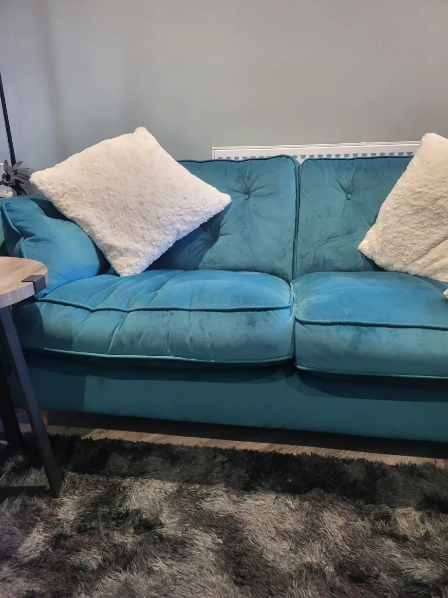 SCS Teal 3 seater sofa with cuddle chair and footstool with storage