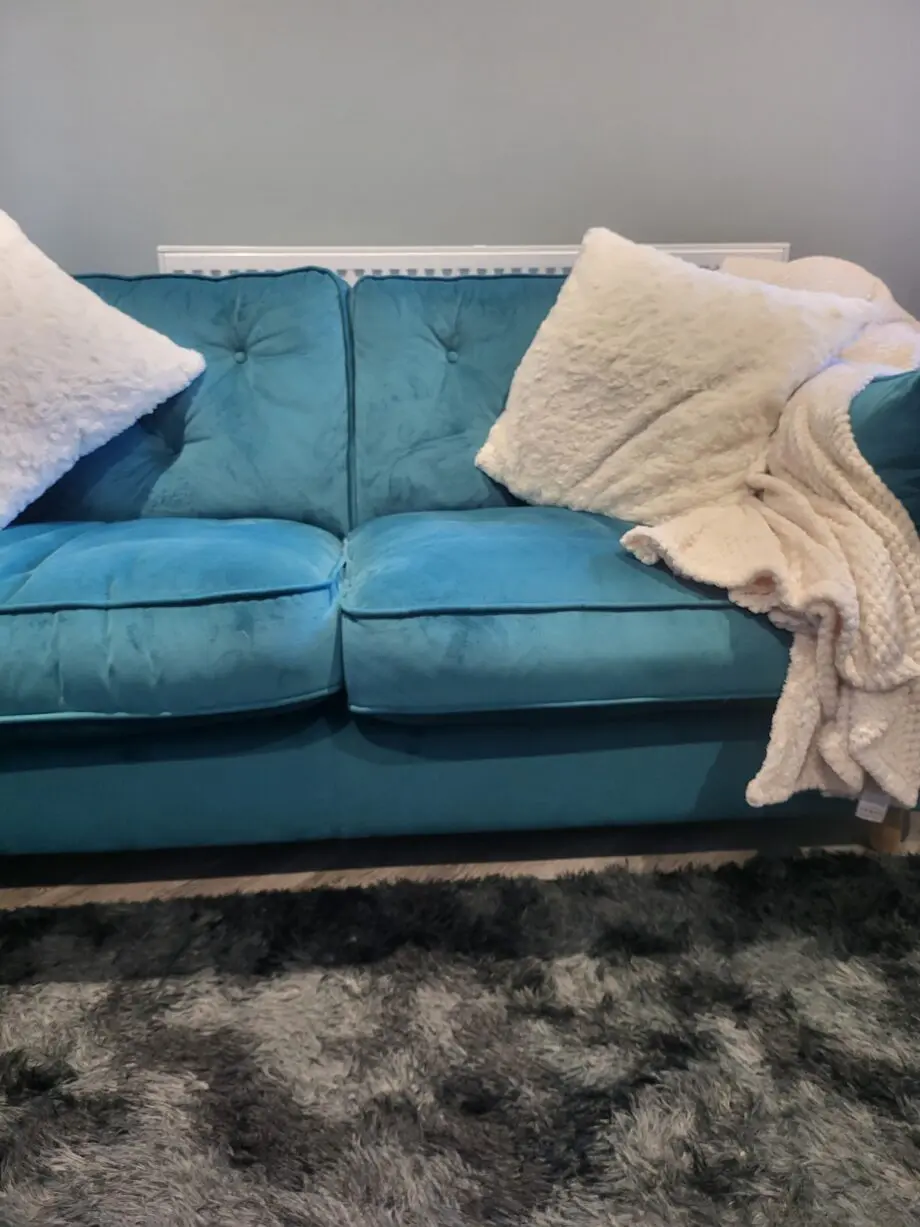 SCS Teal 3 seater sofa with cuddle chair and footstool with storage