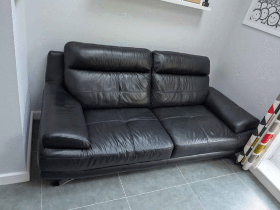 Genoa black leather 3 seater sofa with silver legs