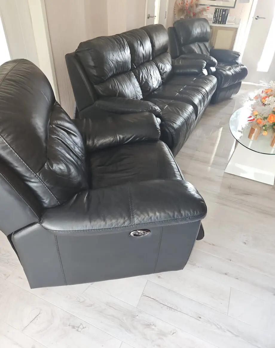 Black real leather SCS 3 piece suite, static sofa and 2 electric recliner armchairs