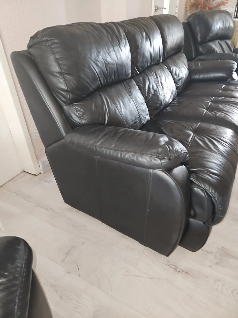 Black real leather SCS 3 piece suite, static sofa and 2 electric recliner armchairs