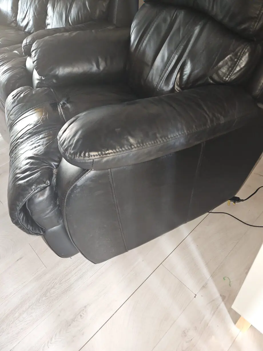 Black real leather SCS 3 piece suite, static sofa and 2 electric recliner armchairs