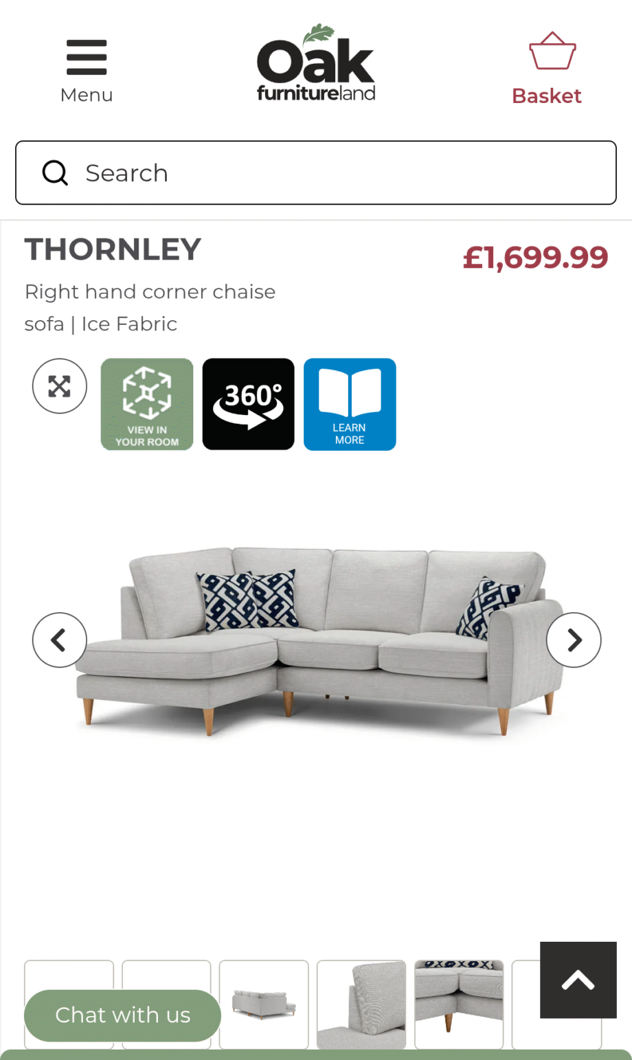 Oak Furniture Land Right Hand 3 Seater Corner Sofa AS NEW