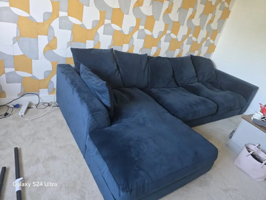 Navy Blue Velvet Pillow Back Left Hand Facing L shaped sofa