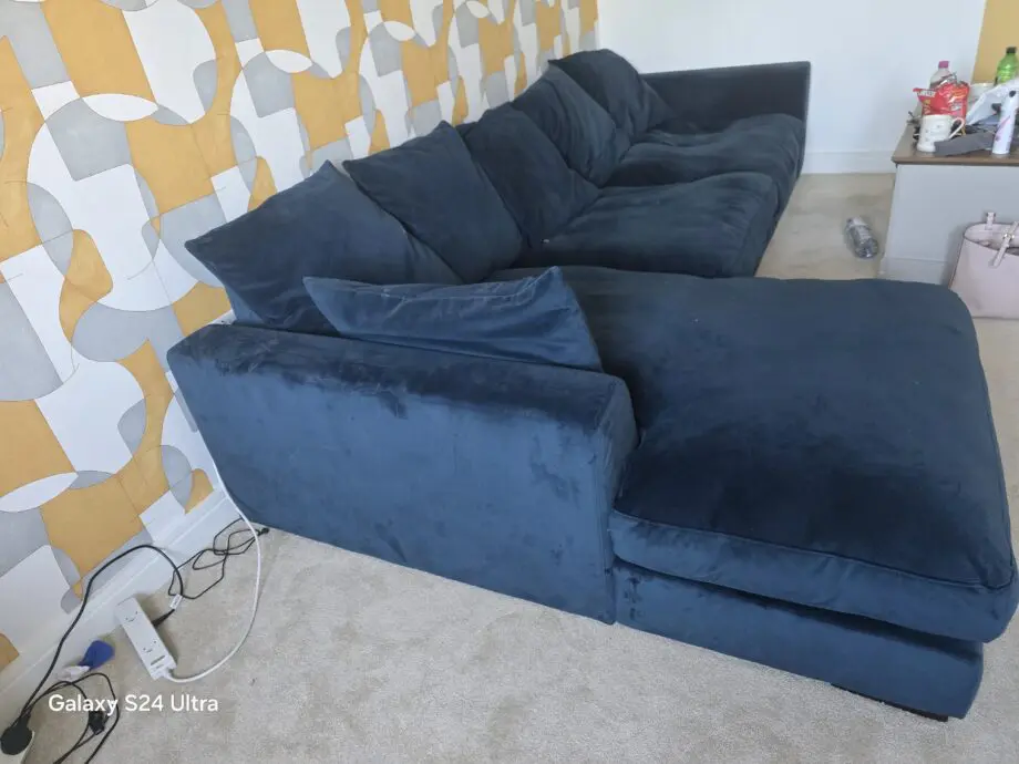 Navy Blue Velvet Pillow Back Left Hand Facing L shaped sofa