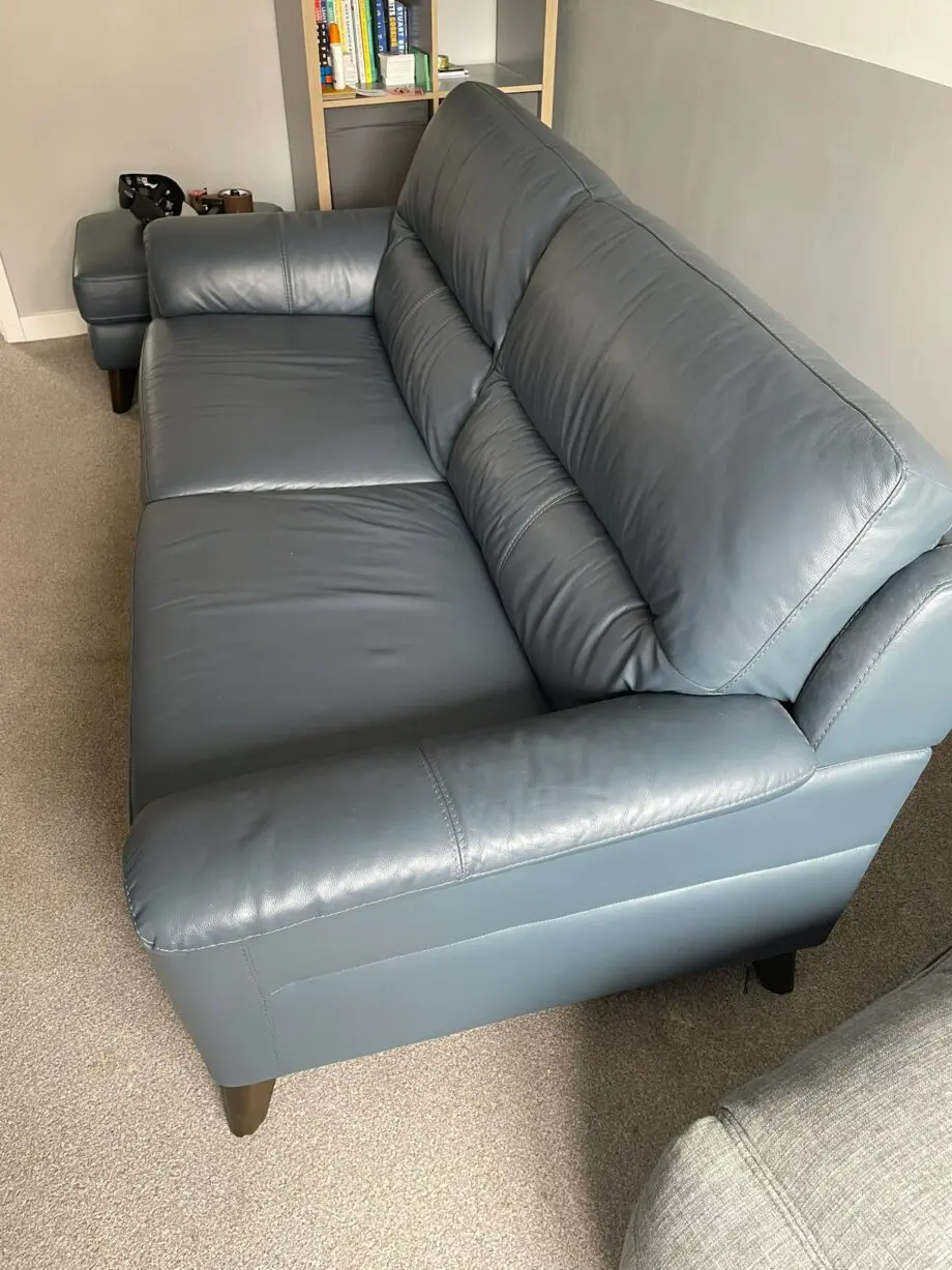 DFS Denim Blue Abel 3 Seater with Matching Abel Foot Stool - less than 2yrs old