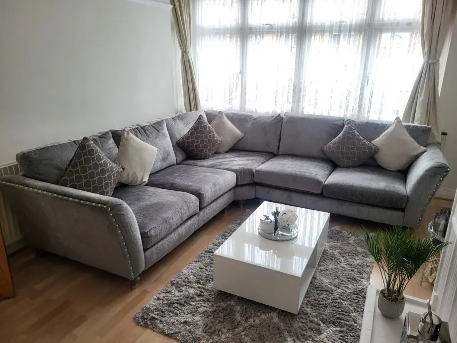 New corner sofa with cushions + white coffee table with led lights