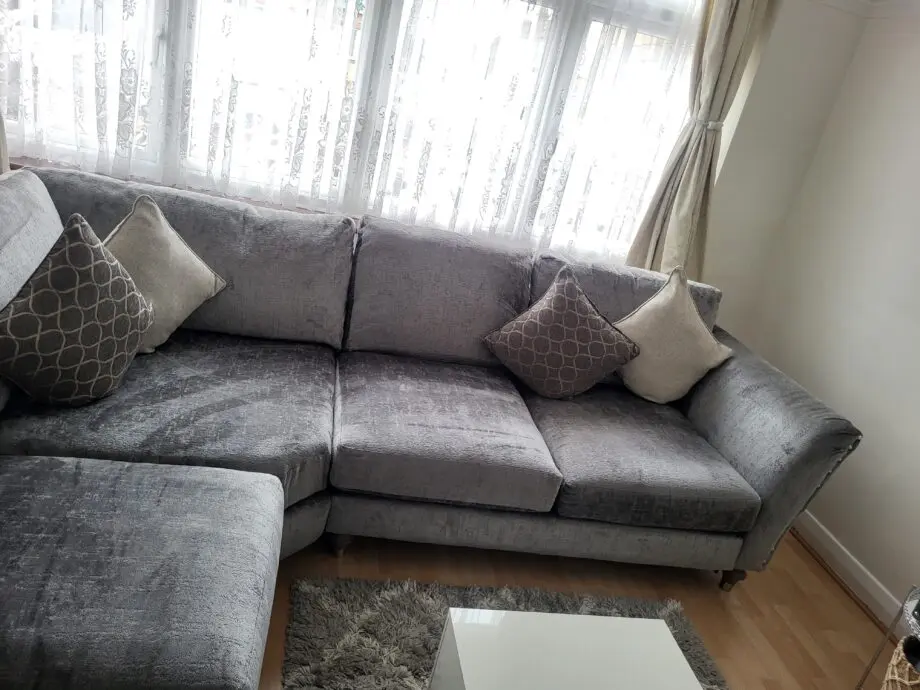 New corner sofa with cushions + white coffee table with led lights