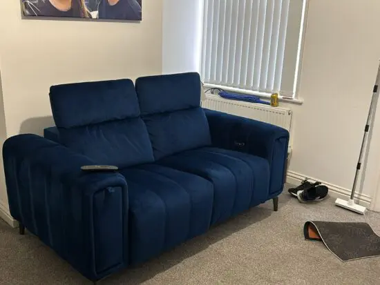 Dark blue Trip velvet dfs recliner 2 seater sofa and arm chair