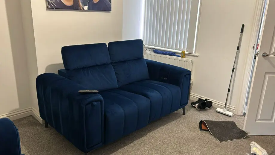 Dark blue Trip velvet dfs recliner 2 seater sofa and arm chair