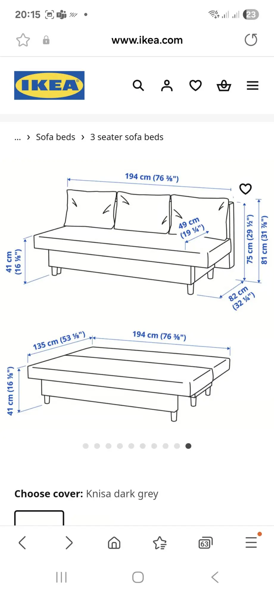 ÄLVDALEN - 3 seat sofa bed (knisa dark grey)
