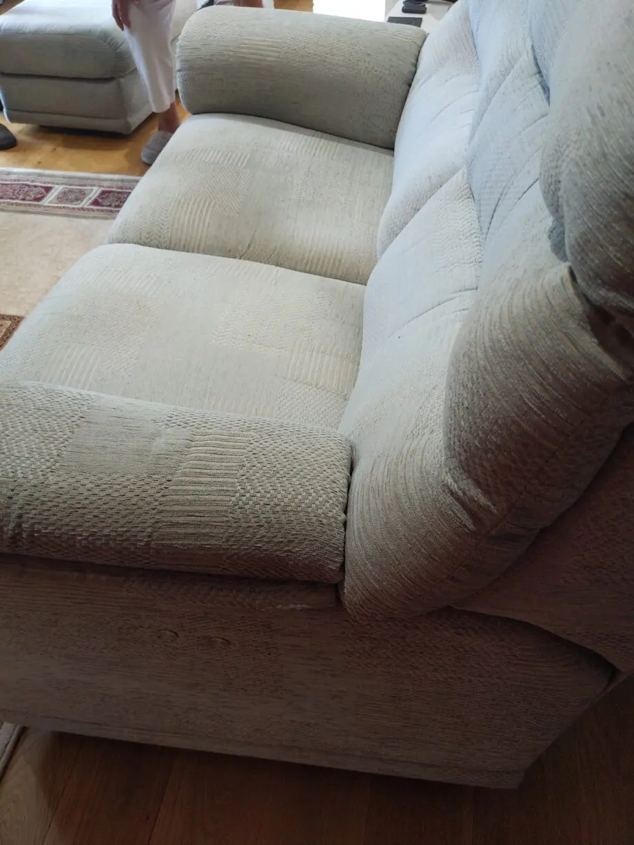 Furniture Village G Plan, high-backed 2 seater recliner sofa in grey with matching footstool