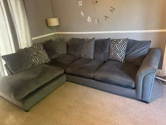 DFS Grey Lavisa Corner L Shape Sofa, Cuddler Chair & Footstool