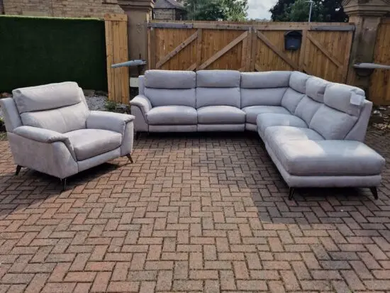 Furniture Village grey plush electric reclining large corner Sofa + Armchair