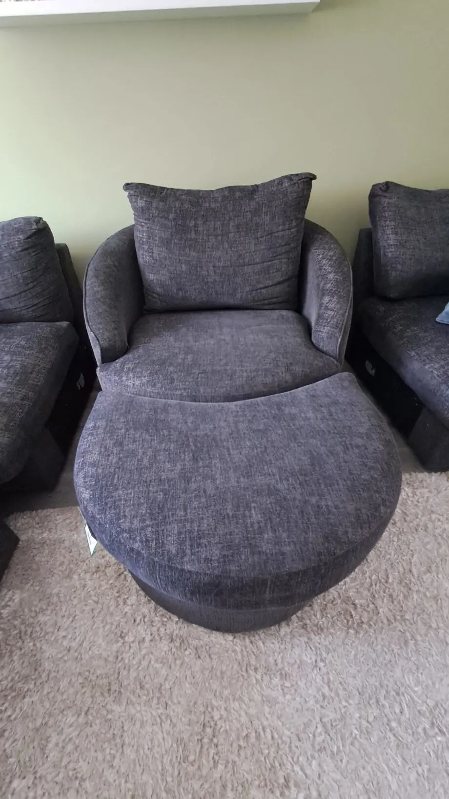 Oak furnitureland charcoal 2 seater sofa + armchair + 1 footstool with storage + 1 half moon footstool