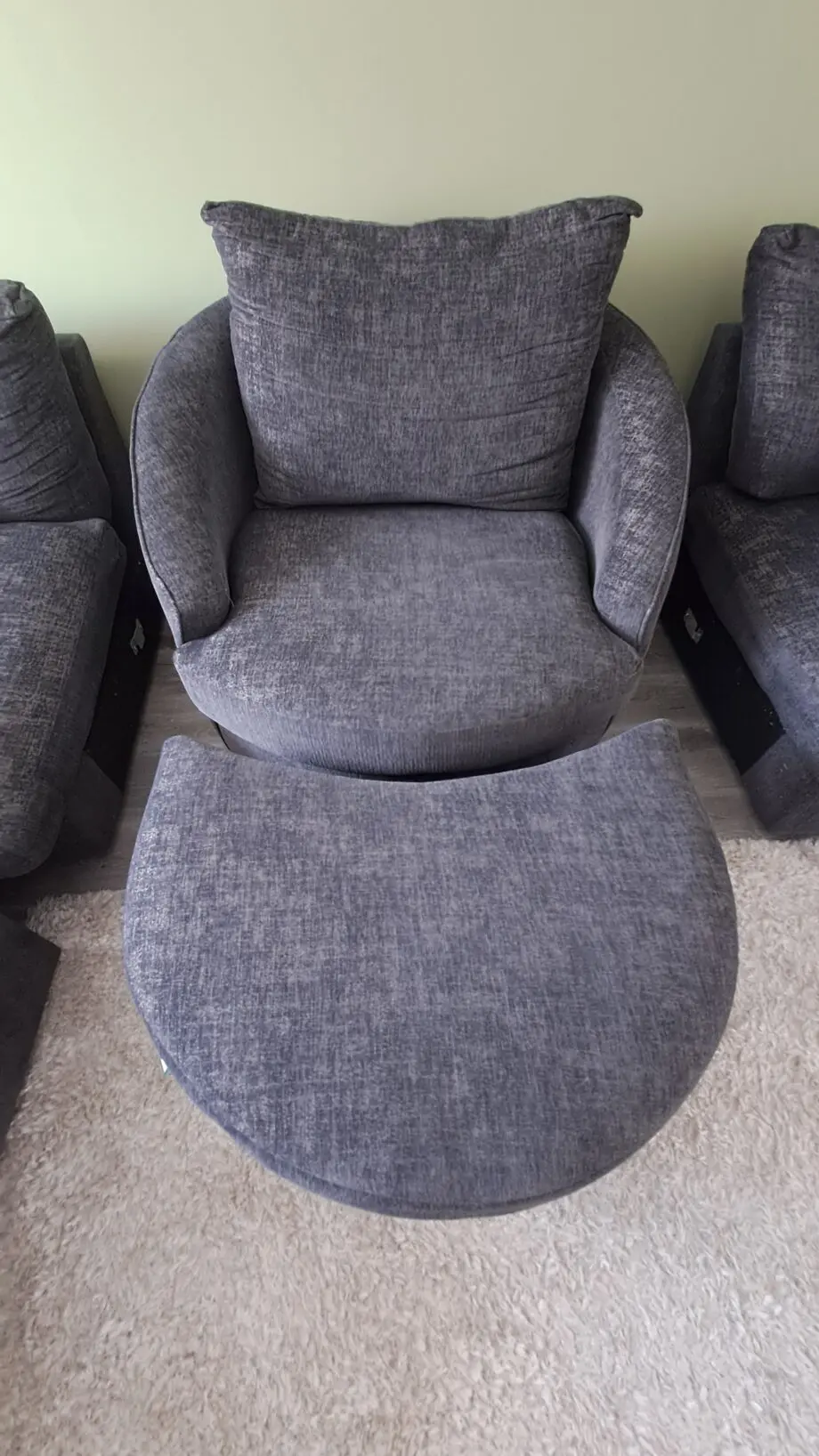 Oak furnitureland charcoal 2 seater sofa + armchair + 1 footstool with storage + 1 half moon footstool