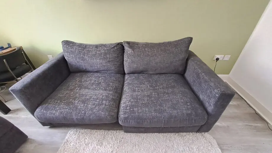 Oak furnitureland charcoal 2 seater sofa + armchair + 1 footstool with storage + 1 half moon footstool