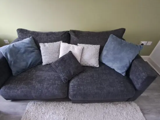 Oak furnitureland charcoal 2 seater sofa + armchair + 1 footstool with storage + 1 half moon footstool