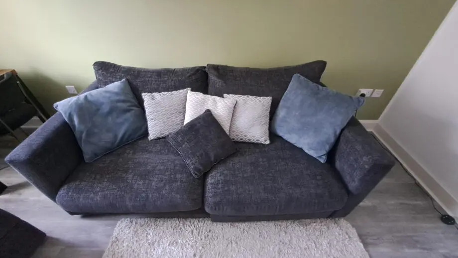 Oak furnitureland charcoal 2 seater sofa + armchair + 1 footstool with storage + 1 half moon footstool