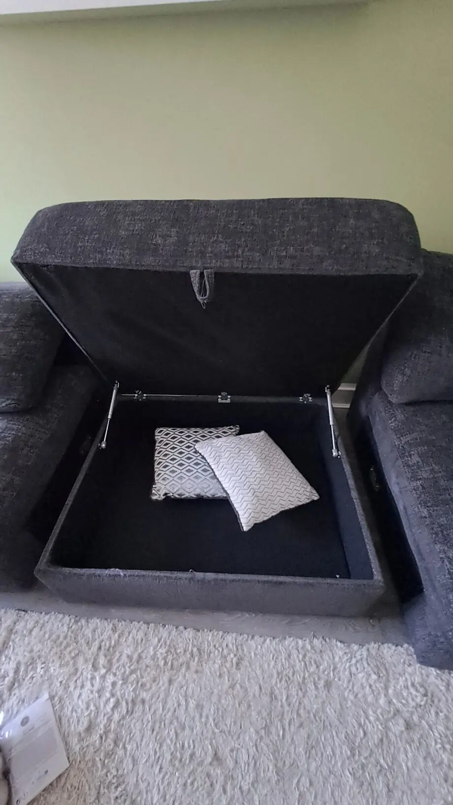 Oak furnitureland charcoal 2 seater sofa + armchair + 1 footstool with storage + 1 half moon footstool