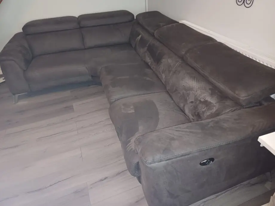 DFS brown suede corner sofa.