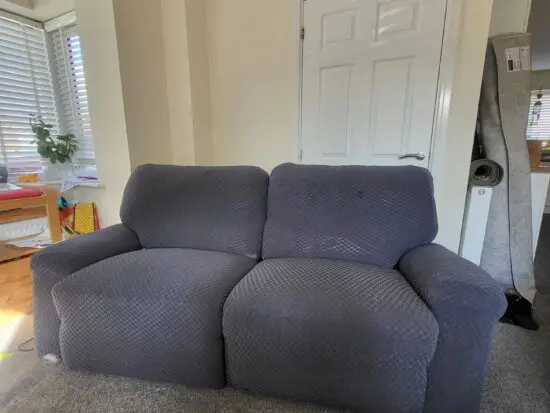 DFS, Red (Grey sofa covers) Leather Recliner Sofa and Chair